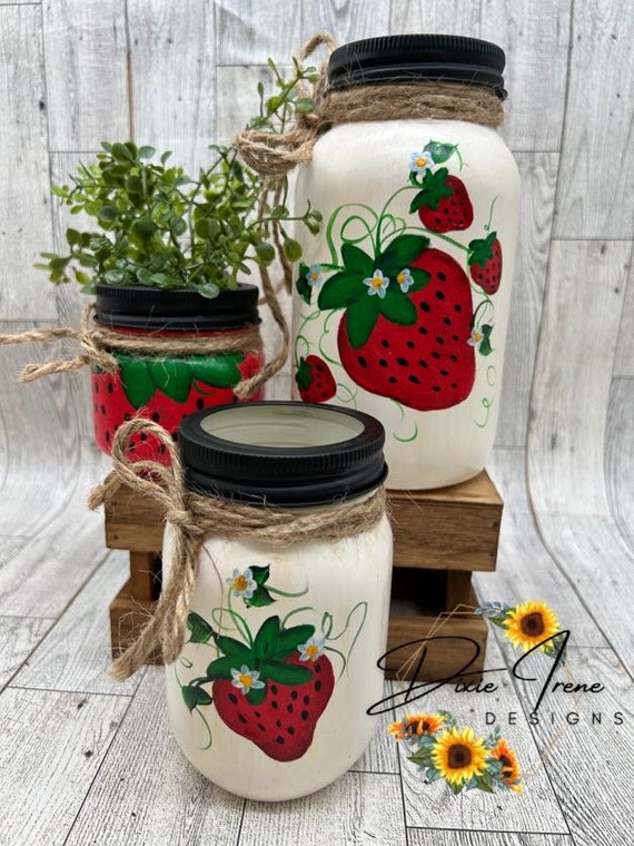 Strawberry Jars, Cute Strawberry Mason Jar, Quart, Pint, Half-pint, Hand Painted, Handmade, Summer, Strawberry Kitchen Set, Strawberry Vase