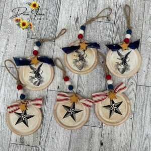 Set of Six Patriotic Ornaments, 4th of July, Americana, Flag, Red  White and Blue, Canning Lid Ornaments, Eagle Ornaments, Star Ornaments