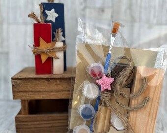 May include: DIY craft kit featuring a wooden firecracker decoration with red, white, and blue paint. The kit includes paint, a paintbrush, and a star-shaped wooden cutout. The text "DIY Craft Kits by Dixie Irene Designs" is visible on the bottom of the image.