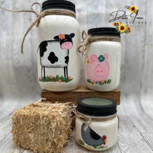 Bauernhof Tier Einmachgläser, Kuh Quart Glas, Schwein Pint Glas, Huhn Halbe Pint Glas, Kuh, Schwein, Huhn, Tiered Tablett, Bauernhaus Dekor, Shelf Sitter