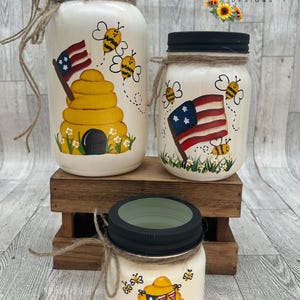 Americana Bee Mason Jars, Beeskep, Bee Decor, Bee Tiered Tray, Bee Lover Gift, Cute Flag and Bees, Bee Skep with Flag, Glory Bee, USA, Bee