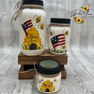 Americana Bee Mason Jars, Beeskep, Bee Decor, Bee Tiered Tray, Bee Lover Gift, Cute Flag and Bees, Bee Skep with Flag, Glory Bee, USA, Bee