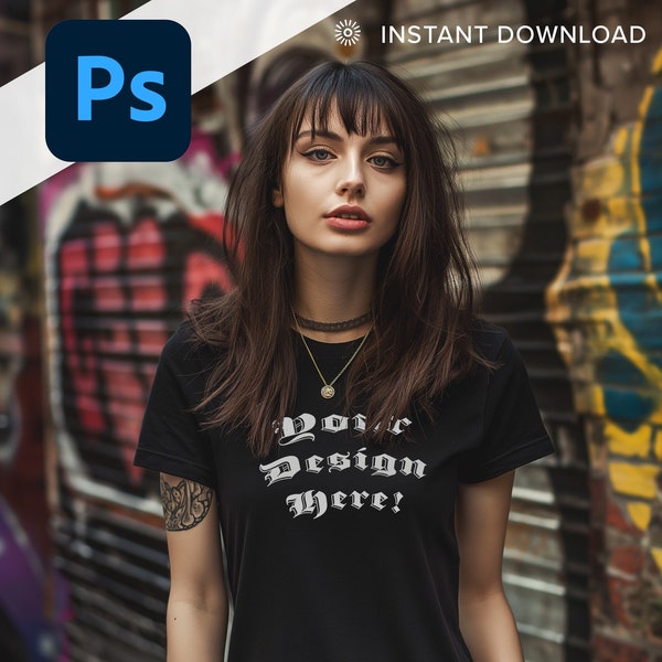 Goth Woman Black T-Shirt Mockup PSD with Layers and Transparent Background Instant Download POD Alternative Female Gothic Shirt Design