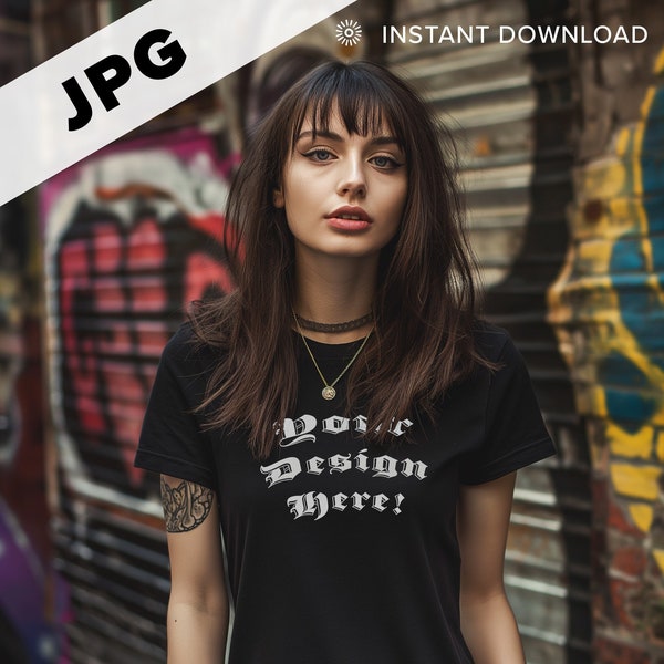 Goth Woman Black T-Shirt Mockup JPG Instant Download Print on Demand Alternative Female Shirt Mockup Design Template Add Your Custom Design