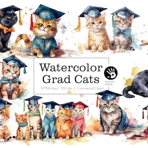 Watercolor Grad Cats Clipart - Cap and Gown Kitty Illustrations for Graduation Celebrations, Cards, and Gifts - Instant Download