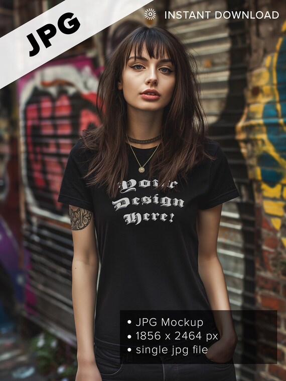Gothic Woman Black T-shirt Mockup, Print-on-demand (JPG Instant