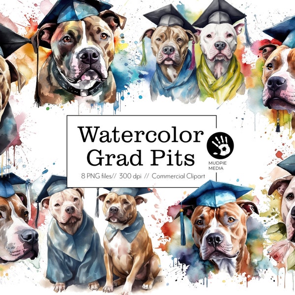 Watercolor Graduation Pit Bulls Clipart - Cap and Gown Pibble Illustrations for Grad Celebrations, Cards, and Gifts - Instant Download