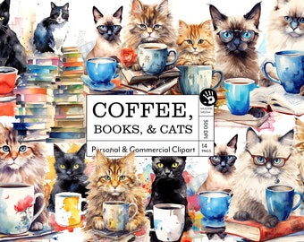 Watercolor Cat & Coffee Clipart, Tea Shop Cats (Digital Download)