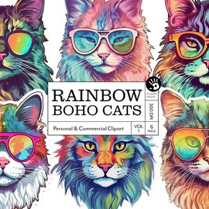 Boho Cats Vol 1 Watercolor Kitty Illustration Cool Cat Lovers Clipart PNG Instant Download Boho Cat Art Vintage-style Kitty with Sunglasses