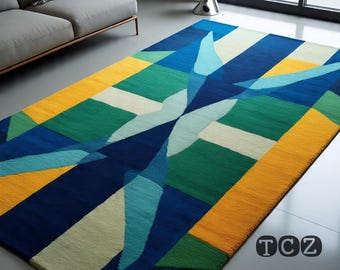 Green blue Vibrant handmade woollen tufted hand carved contemporary area rug for living room bedroom 6x9 8x10 8x11 9x12 10x14 12x15 12x18
