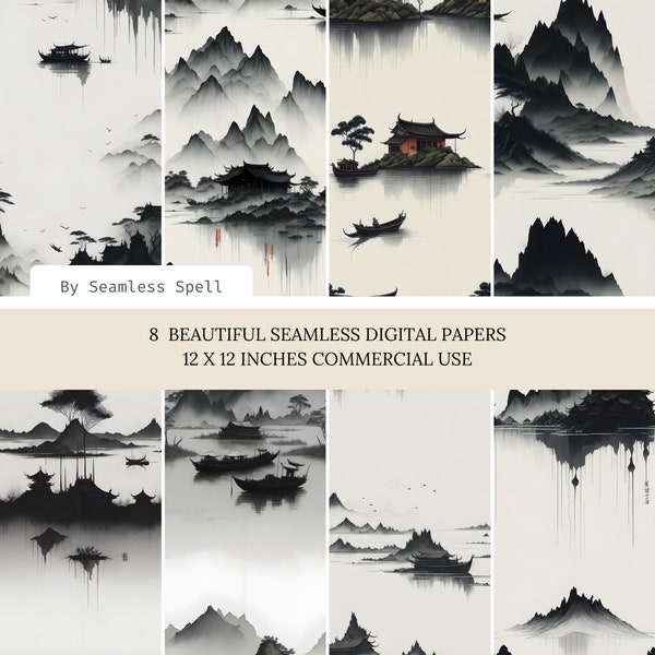 Chinese Ink Vintage Landscape Patterns | Oriental Art Prints | Printable Digital Paper - Seamless Spell