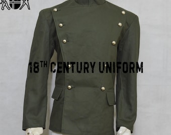 May include: A green military-style jacket with a high collar and a double-breasted closure. The jacket has a  '18th CENTURY UNIFORM' label on the front.
