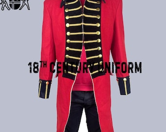 May include: A red 18th Century Uniform coat with black and gold trim. The coat features gold buttons, black cuffs, and the text "18th Century Uniform". The coat has a black collar and gold trim.