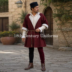 Puede incluir: Un abrigo burdeos con forro color crema y frente abotonado, usado sobre una camisa crema, leggings negros y burdeos, y botas de cuero marrón. Se lleva una gorra oscura. El texto 18th Century Uniforms es visible.