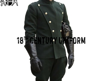 May include: A dark green double-breasted jacket with gold buttons and black leather gloves. The jacket has a high collar and is worn over a pair of dark green pants. The text "18th CENTURY UNIFORM" is printed below the image.