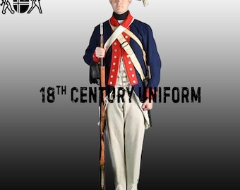 May include: A man wearing an 18th century military uniform, holding a musket. He is wearing a blue jacket with red and white trim, white pants, and a black hat with a white plume. The text "18th CENTURY UNIFORM" is printed below the image.