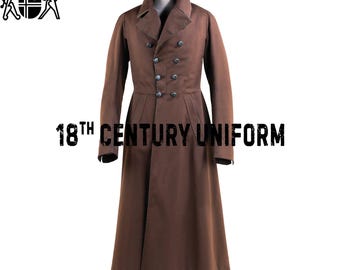 May include: A long brown coat with a double-breasted closure and a high collar. The coat has a long, flowing skirt and is made of a thick, warm fabric. 18th Century Uniform.