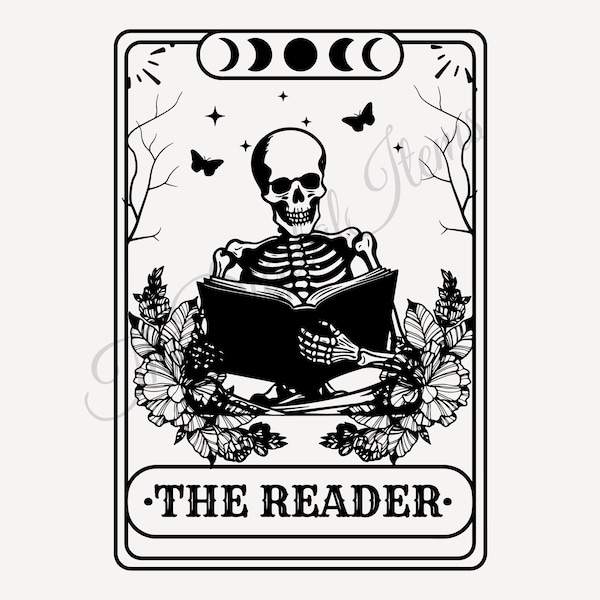 The reader tarot card SVG,  The reader svg,  Reading svg, Book lover svg,  Skeleton reading svg, Booktrovert svg, Reader Svg, Tarot Card SVG