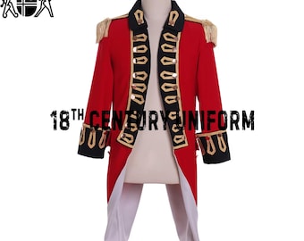 May include: A red military jacket with gold trim and black accents. The jacket has a high collar and a long tail. It is a 18th Century uniform.