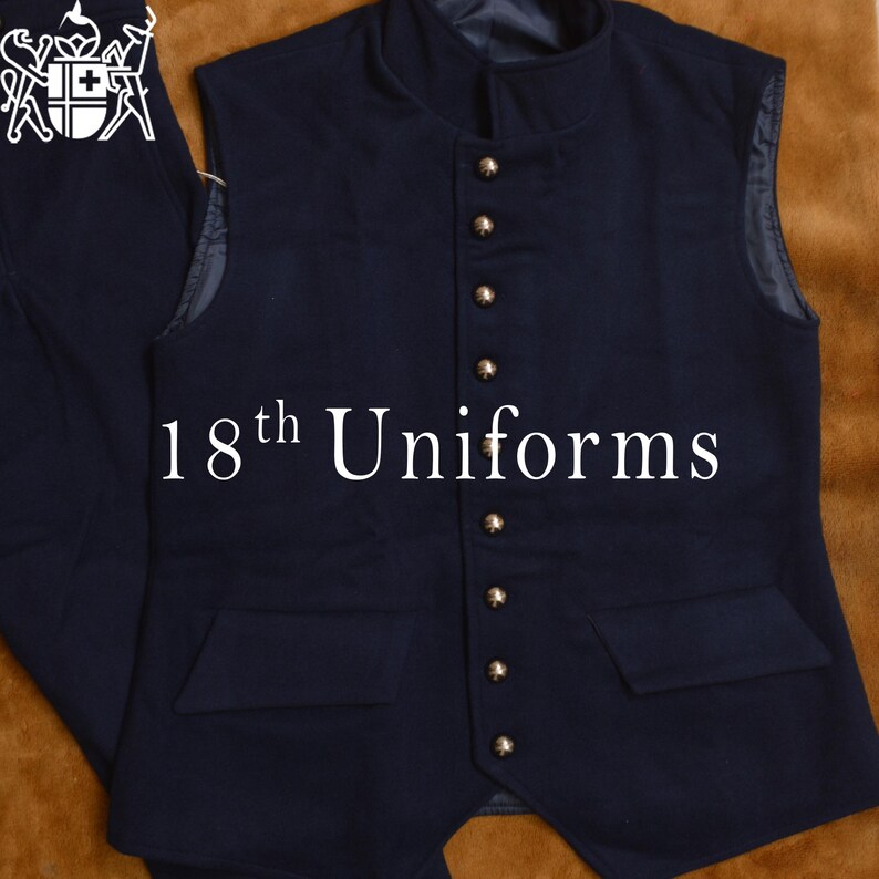 May include: A dark blue waistcoat with a stand-up collar and silver buttons. The waistcoat has two pockets and the text "18th Uniforms" is printed on the front.