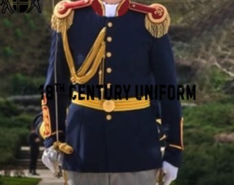 May include: A dark blue 18th-century uniform with gold accents, epaulets, and a yellow sash. The uniform features gold buttons and trim, with the text "18TH CENTURY UNIFORM" across the image.