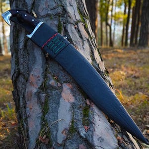 May include: A black leather sheath with a green and red accent, holding a large, curved, silver-handled knife. The knife is resting against a tree trunk.