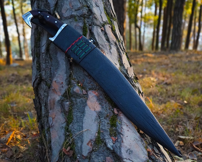 May include: A black leather sheath with a green and red accent, holding a large, curved, silver-handled knife. The knife is resting against a tree trunk.