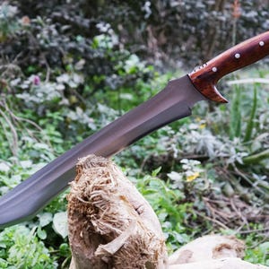 May include: A long, silver-colored sword with a dark wood handle. The sword is resting on a piece of wood with a green, leafy background.