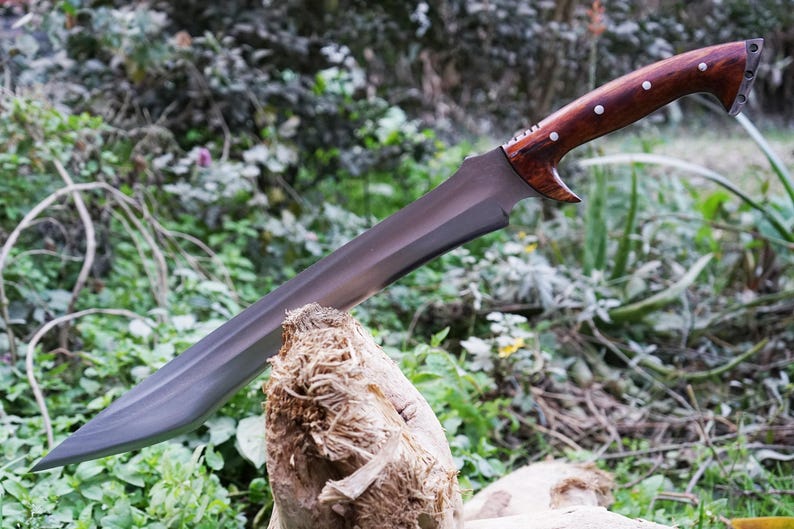 May include: A long, silver-colored sword with a dark wood handle. The sword is resting on a piece of wood with a green, leafy background.