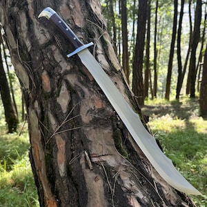 Könnte beinhalten: Ein großes Schwert mit gebogener Klinge und polierter Stahloberfläche. Der Griff ist aus dunklem Holz mit einem silbernen Metallschutz. Das Schwert lehnt an einem Baum in einer Waldumgebung mit verschwommenem Hintergrund aus Bäumen und Grün.