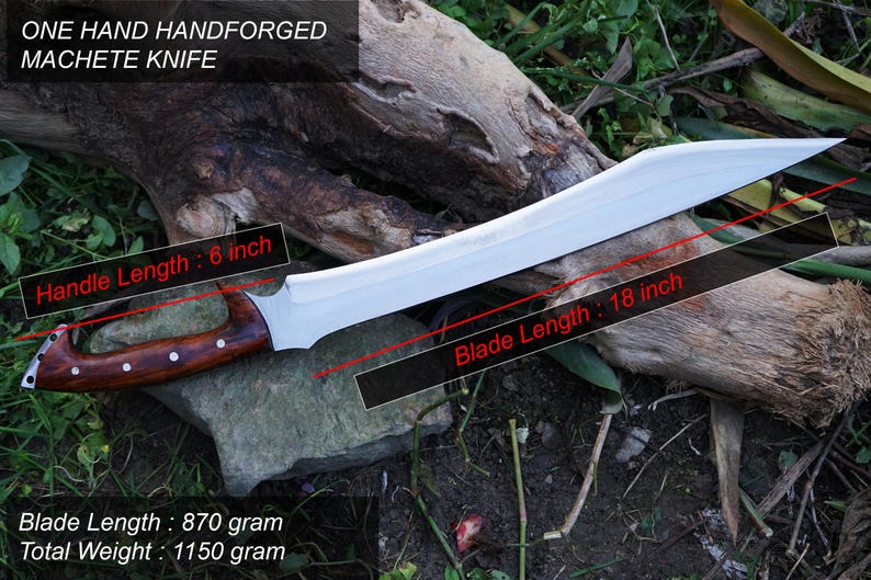 May include: A hand-forged machete knife with a wooden handle. The blade is 18 inches long and the handle is 6 inches long. The knife weighs 1150 grams.