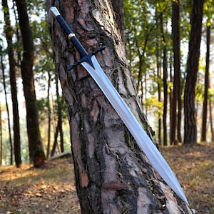 May include: A long, silver sword with a black handle and crossguard rests against a tree. The blade is straight and sharp, reflecting the sunlight. The handle is wrapped in black material, and the crossguard is black. The sword is a medieval-style weapon.