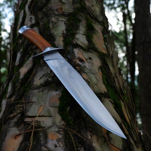 May include: A large, polished steel knife with a wooden handle and a silver bolster. The blade is long and straight, with a sharp point. The knife is leaning against a tree trunk in a forest setting.