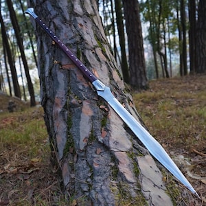 May include: A long, silver sword with a brown wooden handle and a pointed tip. The sword is leaning against a tree trunk in a forest setting.