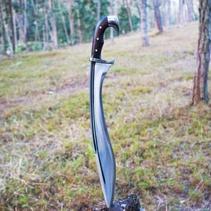May include: A silver and black sword with a wooden handle. The sword is standing upright on a tree stump in a forest setting.