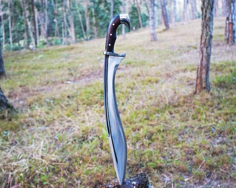 May include: A silver and black sword with a wooden handle. The sword is standing upright on a tree stump in a forest setting.