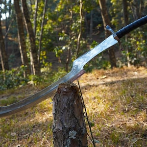 Puede incluir: Una espada plateada con mango de cuero negro apoyada en un toc&oacute;n de &aacute;rbol en un entorno boscoso.