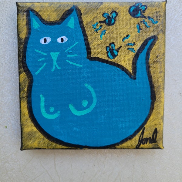 Blue kitty with some titties and BLUE BEES?! (4" x 4")
