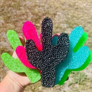May include: Four cactus-shaped air fresheners in different colors: green, pink, black, and blue. The fresheners are made of a textured material and have a 3D design.