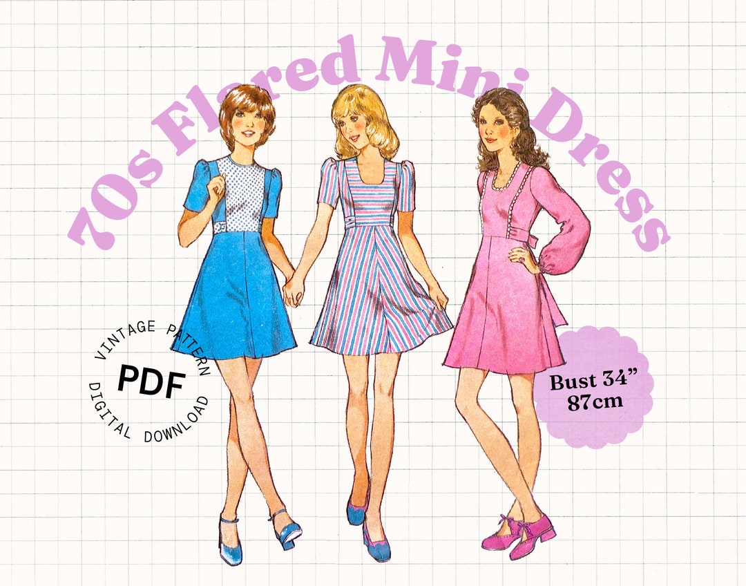 Vintage Sewing Pattern PDF – 70s Mini Dress With Puff Sleeves and Waist ...