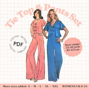 Sewing Pattern PDF Vintage – 70s tie top pants matching set, loungewear pajamas pyjamas, wide high pants, easy womens pattern, size S-XXL