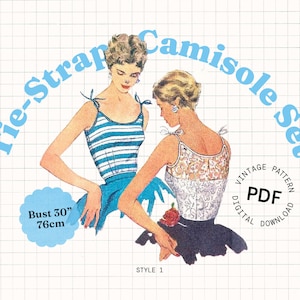 Pode incluir: Padrão de costura vintage para um conjunto de camisolas com alças de nó. O padrão inclui dois estilos de camisolas, uma com design listrado e a outra com design de renda. O padrão é para um tamanho de busto de 76 cm (30 polegadas). O padrão é um download digital em formato PDF.