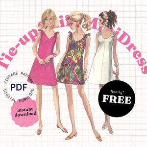 Nearly FREE Sewing Pattern, vintage pattern PDF, 60s mini dress pattern, 70s dress pattern, simple dress, tie dress pattern, easy pattern