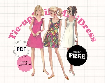 Nearly FREE Sewing Pattern, vintage pattern PDF, 60s mini dress pattern, 70s dress pattern, simple dress, tie dress pattern, easy pattern