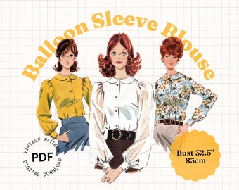 Sewing Pattern PDF Vintage  – 60s Womens Blouse Pattern, gathered balloon sleeves, peter pan collar, bust 32, retro top womans pattern