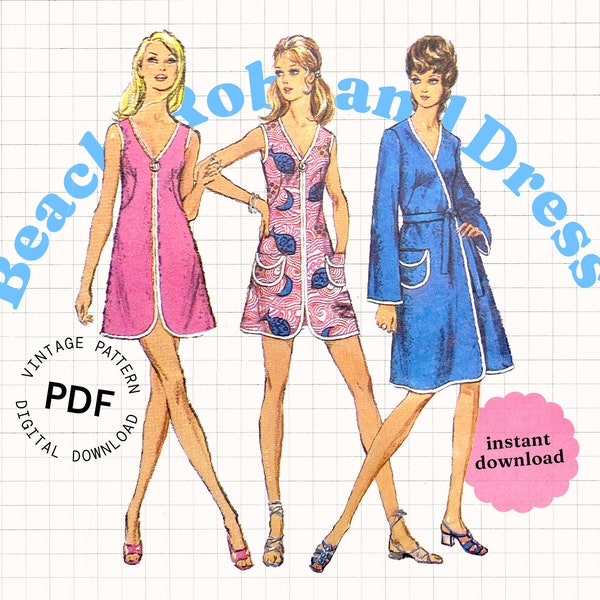 Vintage Sewing Pattern PDF, 60s 70s mini dress pattern, beach cover-up, terry towelling, zip front summer dress, digital sewing pattern easy