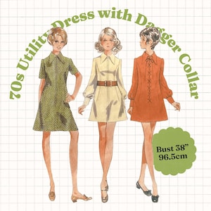 Może przedstawiać: Ilustracja trzech sukienek w stylu lat 70. z kołnierzykami w szpic. Sukienki są w kolorach zielonym, kremowym i pomarańczowym. Zielona sukienka ma wzór w kropki. Kremowa sukienka ma brązowy pasek. Pomarańczowa sukienka ma sznurowanie. Tekst: "70s Utility Dress with Dagger Collar" i "Bust 96.5cm".