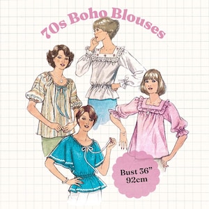 Puede incluir: Ilustración de cuatro blusas boho de los años 70 en varios estilos. Las blusas son en blanco, rosa, azul y con estampados de rayas. El texto "70s Boho Blouses" está en la parte superior. El contorno de pecho es de 92 cm.