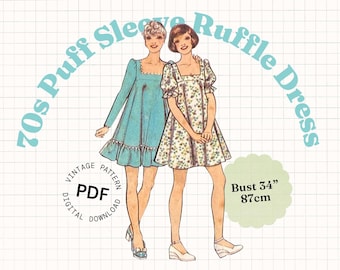 Sewing Pattern PDF Vintage – 70s babydoll dress pattern, maxi or mini with puff sleeves, tiered skirt and gathered ruffle hem