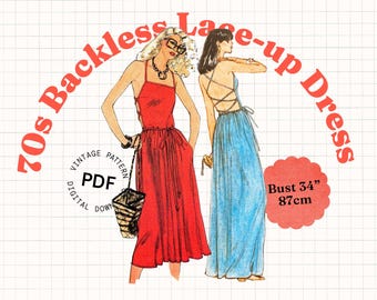 Sewing Pattern PDF Vintage – 70s backless dress pattern with ties, midi or maxi, lace up, criss cross back, bust 34, very easy dress pattern